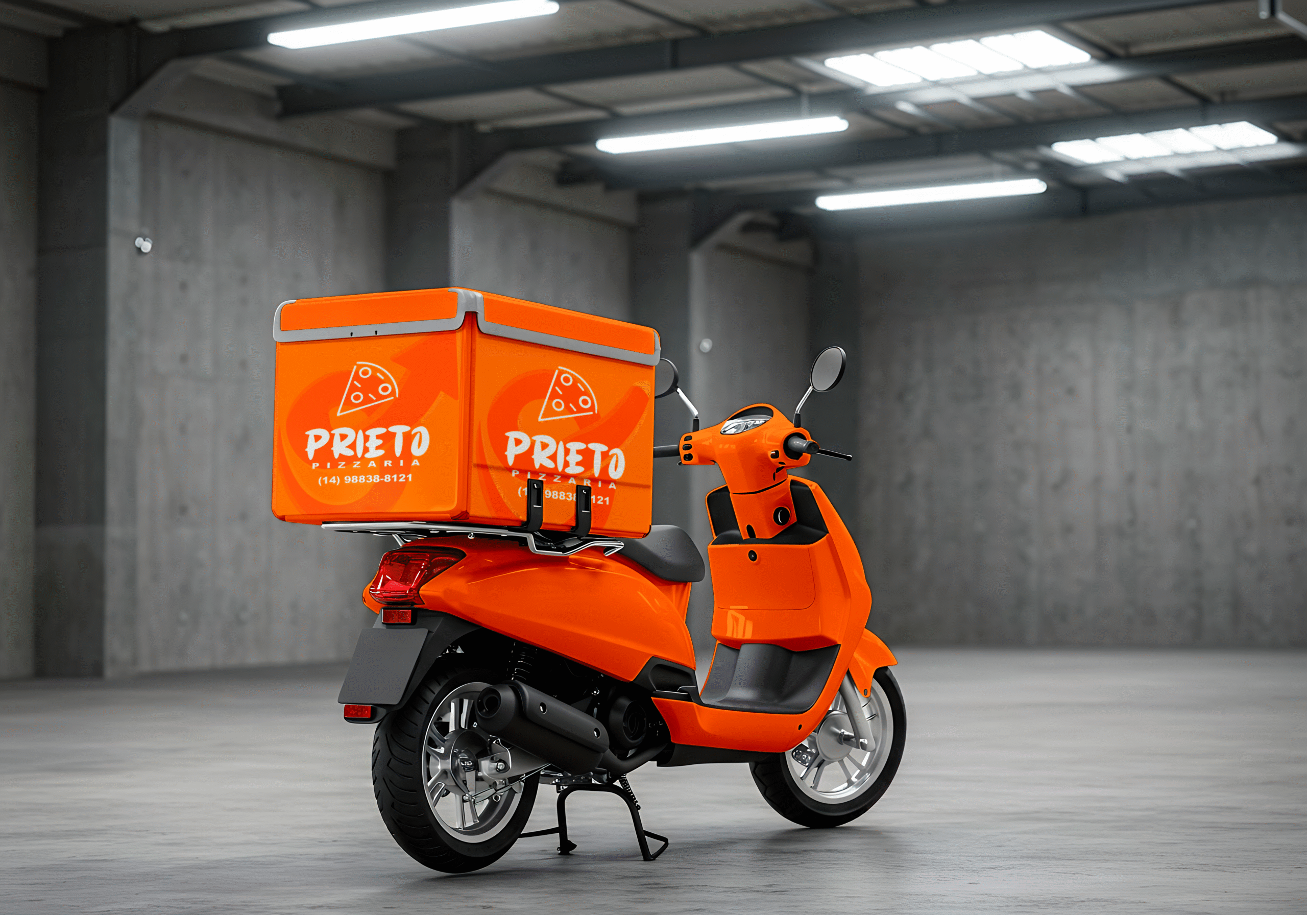 Moto do Delivery com logotipo da pizzaria na bag